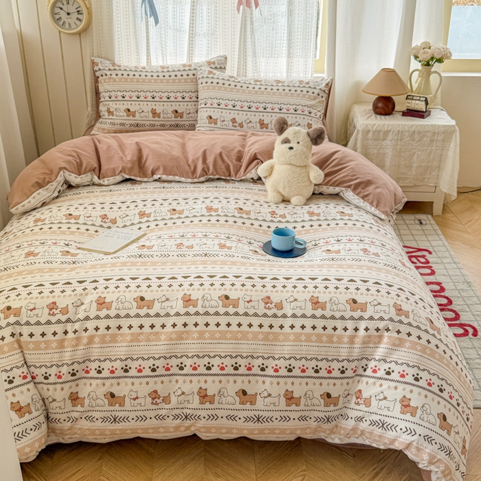 91家纺网 家纺一手货源 找家纺 温眠家纺 2026新款云感针织提花双层纱四件套 派对狗