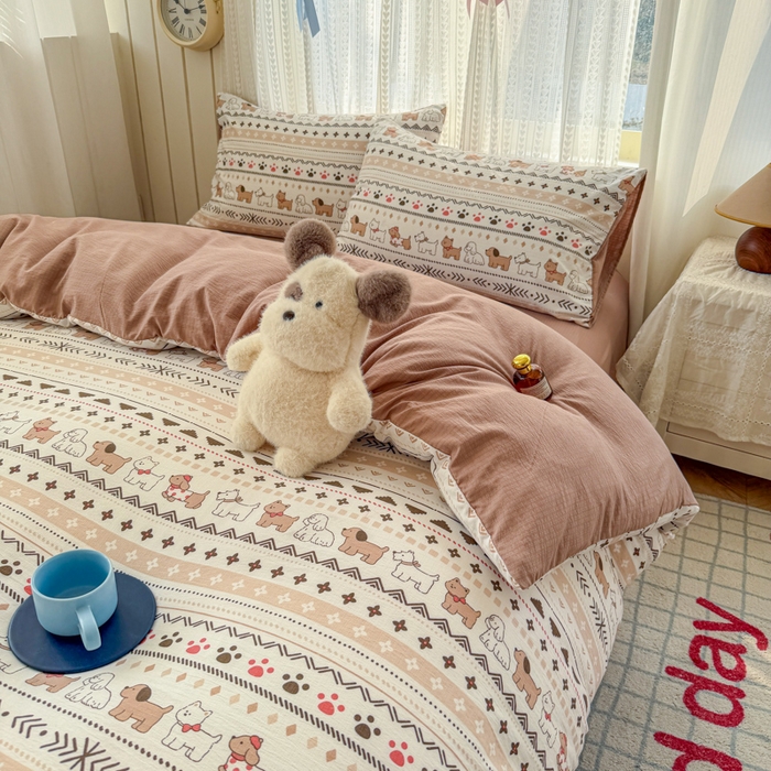 91家纺网 家纺一手货源 找家纺 温眠家纺 2026新款云感针织提花双层纱四件套 派对狗