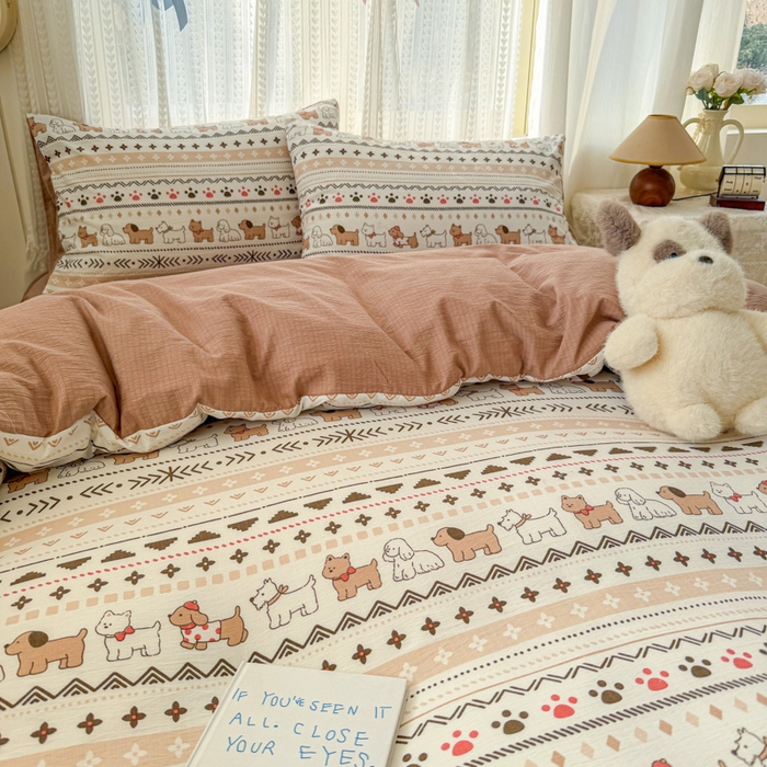 91家纺网 家纺一手货源 找家纺 温眠家纺 2026新款云感针织提花双层纱四件套 派对狗