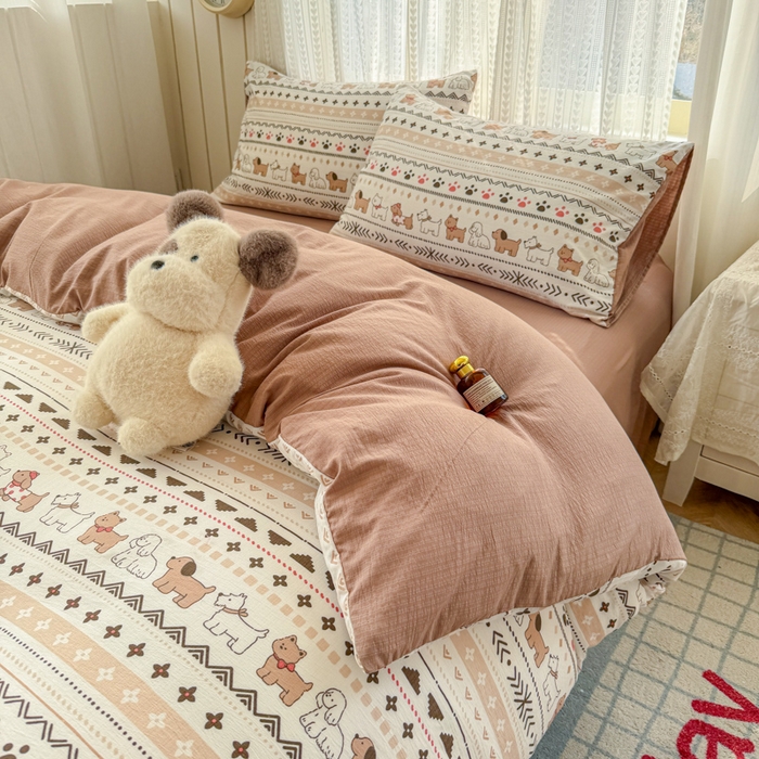 91家纺网 家纺一手货源 找家纺 温眠家纺 2026新款云感针织提花双层纱四件套 派对狗