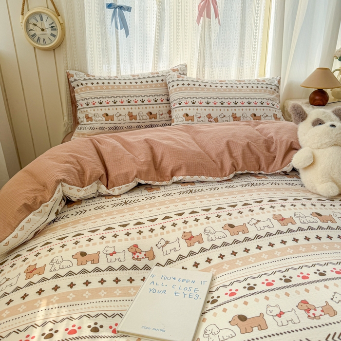 91家纺网 家纺一手货源 找家纺 温眠家纺 2026新款云感针织提花双层纱四件套 派对狗