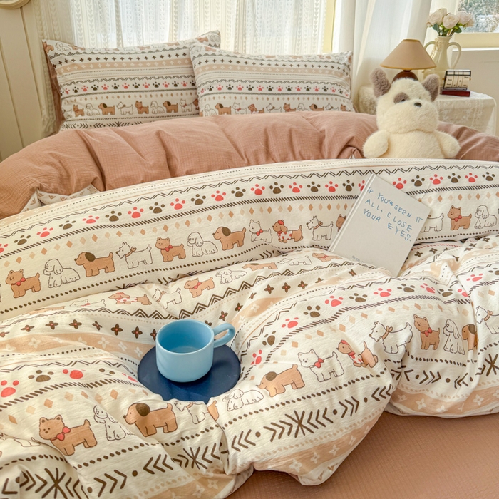 91家纺网 家纺一手货源 找家纺 温眠家纺 2026新款云感针织提花双层纱四件套 派对狗