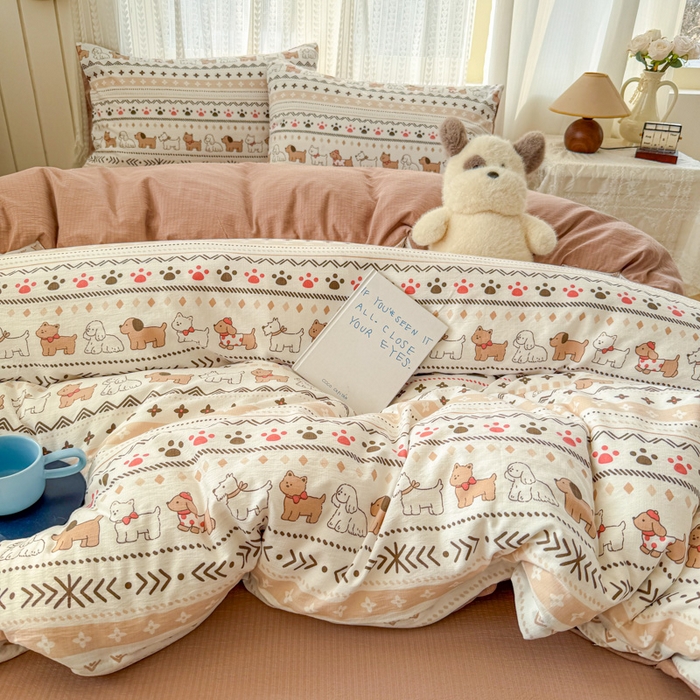 91家纺网 家纺一手货源 找家纺 温眠家纺 2026新款云感针织提花双层纱四件套 派对狗