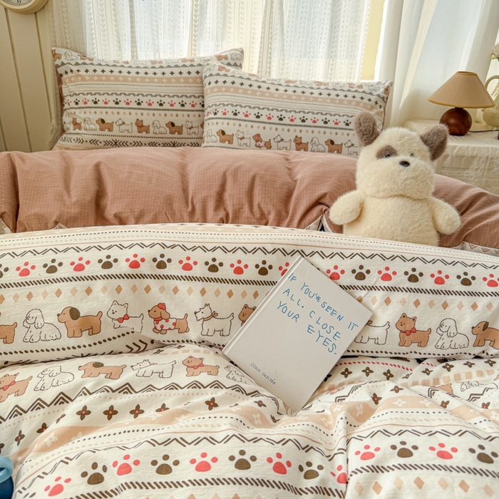 91家纺网 家纺一手货源 找家纺 温眠家纺 2026新款云感针织提花双层纱四件套 派对狗