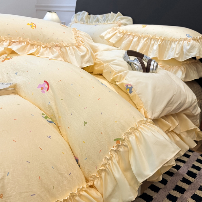 91家纺网 家纺一手货源 找家纺 大麦家纺 2026新款水洗古棉床盖印花四件套 好运木马