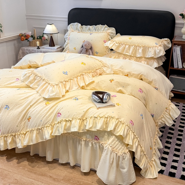 91家纺网 家纺一手货源 找家纺 大麦家纺 2026新款水洗古棉床盖印花四件套 好运木马