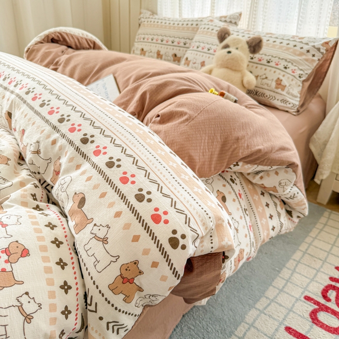 91家纺网 家纺一手货源 找家纺 温眠家纺 2026新款云感针织提花双层纱四件套 派对狗