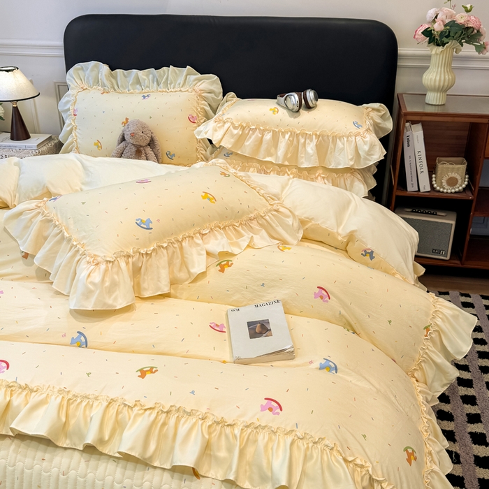 91家纺网 家纺一手货源 找家纺 大麦家纺 2026新款水洗古棉床盖印花四件套 好运木马