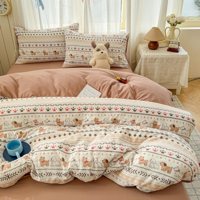 91家纺网 家纺一手货源 找家纺 温眠家纺 2026新款云感针织提花双层纱四件套 派对狗