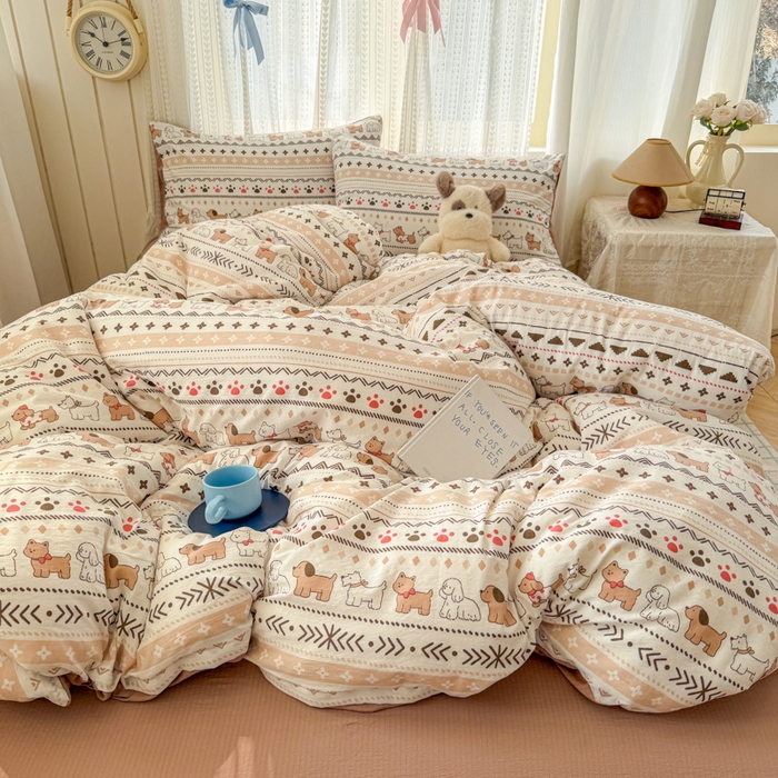 91家纺网 家纺一手货源 找家纺 温眠家纺 2026新款云感针织提花双层纱四件套 派对狗