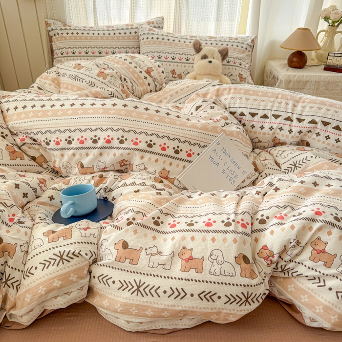 91家纺网 家纺一手货源 找家纺 温眠家纺 2026新款云感针织提花双层纱四件套 派对狗