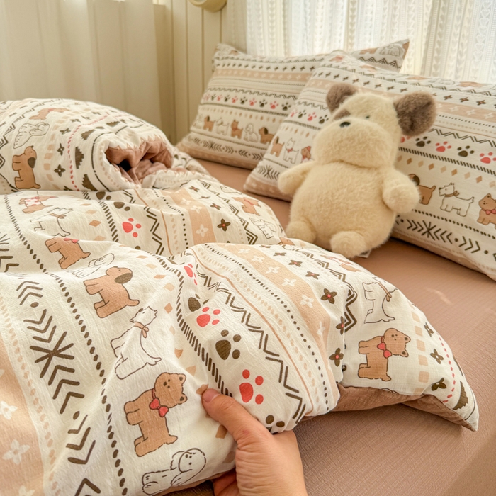 91家纺网 家纺一手货源 找家纺 温眠家纺 2026新款云感针织提花双层纱四件套 派对狗