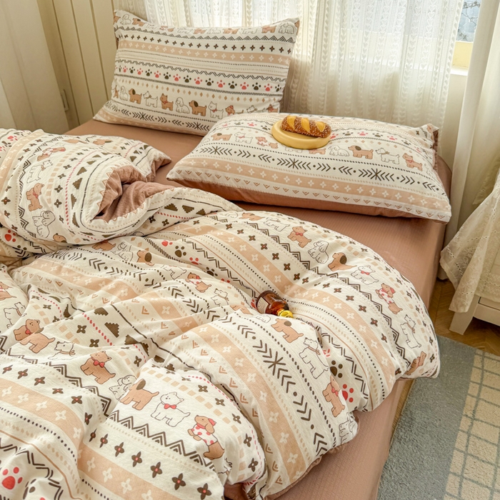 91家纺网 家纺一手货源 找家纺 温眠家纺 2026新款云感针织提花双层纱四件套 派对狗