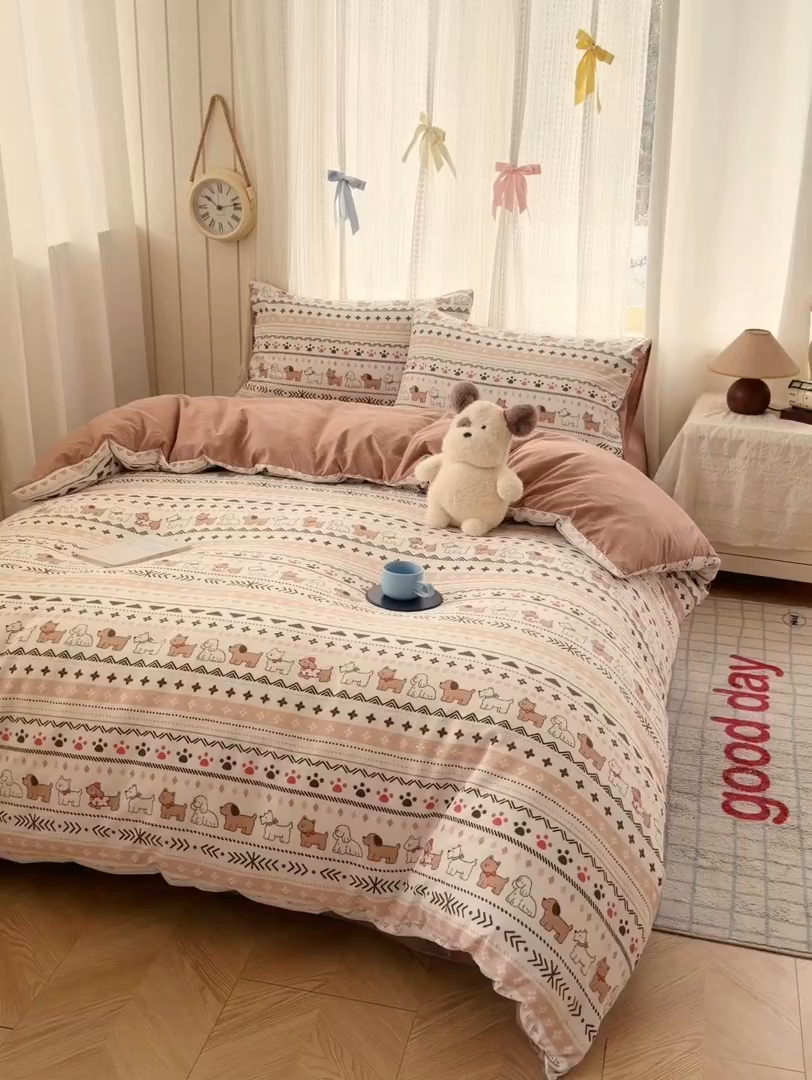 91家纺网 家纺一手货源 找家纺 温眠家纺 2026新款云感针织提花双层纱四件套 派对狗