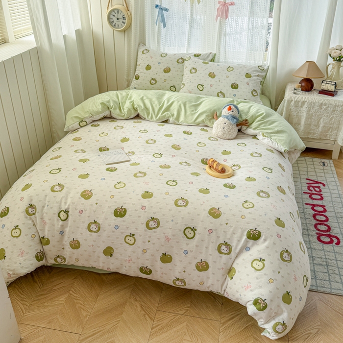 91家纺网 家纺一手货源 找家纺 温眠家纺 2026新款云感针织提花双层纱四件套 青苹果