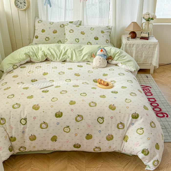 91家纺网 家纺一手货源 找家纺 温眠家纺 2026新款云感针织提花双层纱四件套 青苹果