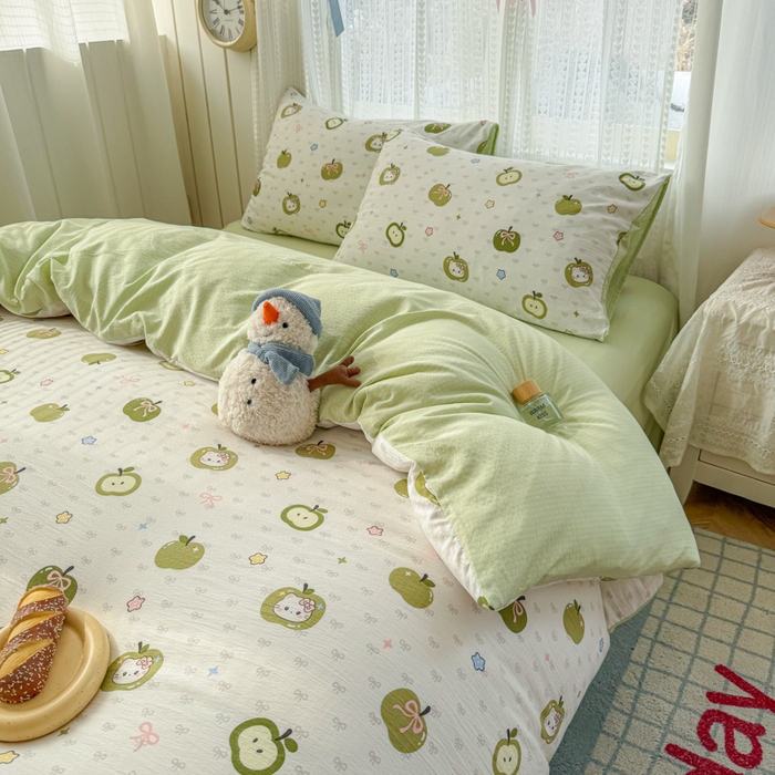 91家纺网 家纺一手货源 找家纺 温眠家纺 2026新款云感针织提花双层纱四件套 青苹果