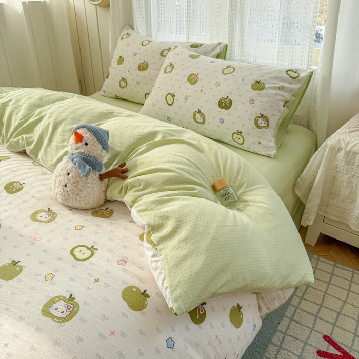 91家纺网 家纺一手货源 找家纺 温眠家纺 2026新款云感针织提花双层纱四件套 青苹果