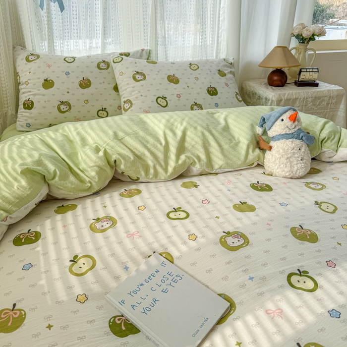 91家纺网 家纺一手货源 找家纺 温眠家纺 2026新款云感针织提花双层纱四件套 青苹果