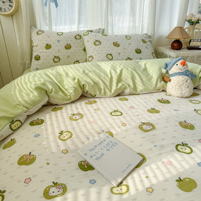 91家纺网 家纺一手货源 找家纺 温眠家纺 2026新款云感针织提花双层纱四件套 青苹果