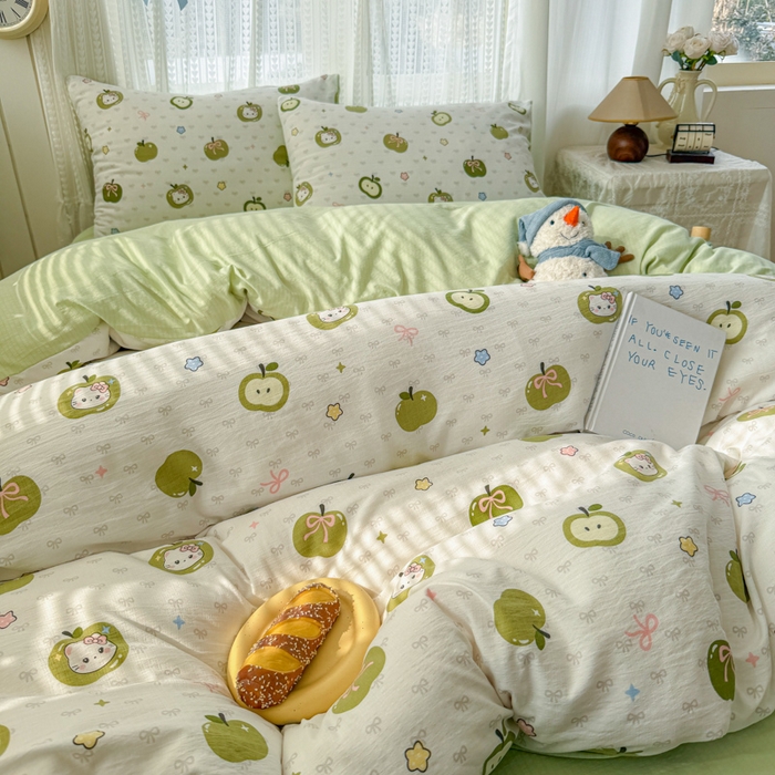 91家纺网 家纺一手货源 找家纺 温眠家纺 2026新款云感针织提花双层纱四件套 青苹果