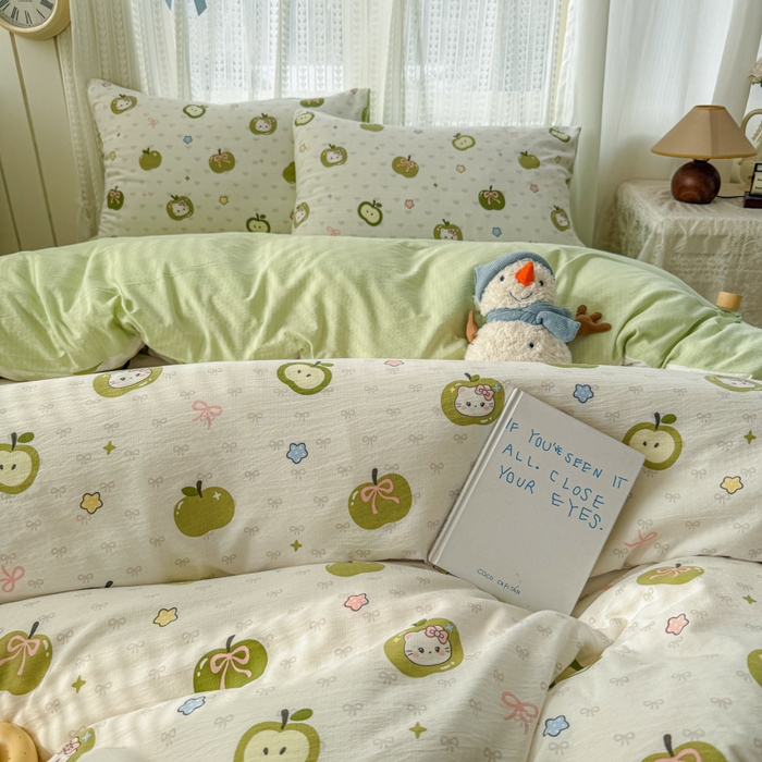 91家纺网 家纺一手货源 找家纺 温眠家纺 2026新款云感针织提花双层纱四件套 青苹果