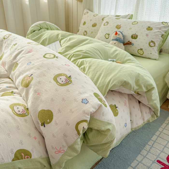 91家纺网 家纺一手货源 找家纺 温眠家纺 2026新款云感针织提花双层纱四件套 青苹果