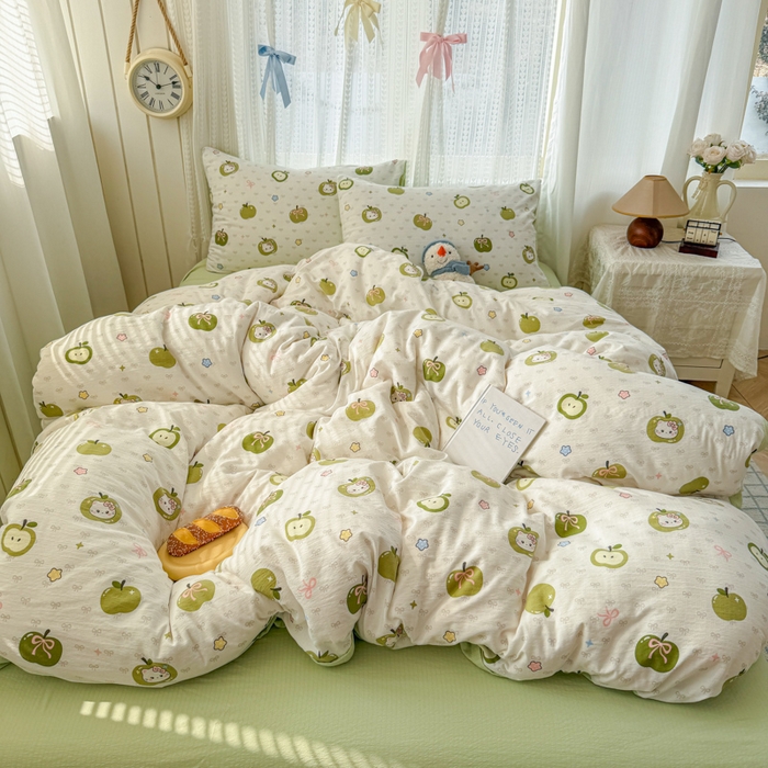 91家纺网 家纺一手货源 找家纺 温眠家纺 2026新款云感针织提花双层纱四件套 青苹果