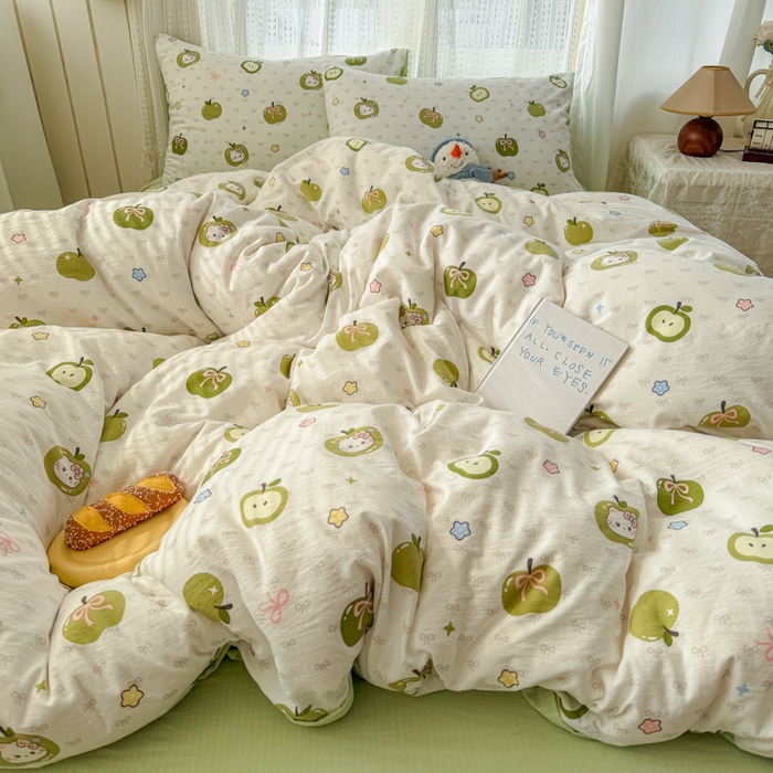 91家纺网 家纺一手货源 找家纺 温眠家纺 2026新款云感针织提花双层纱四件套 青苹果