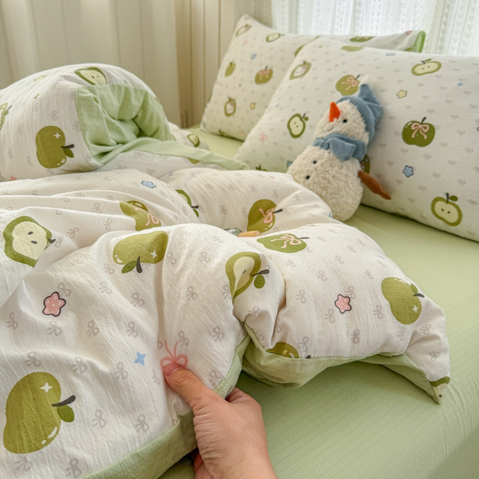 91家纺网 家纺一手货源 找家纺 温眠家纺 2026新款云感针织提花双层纱四件套 青苹果