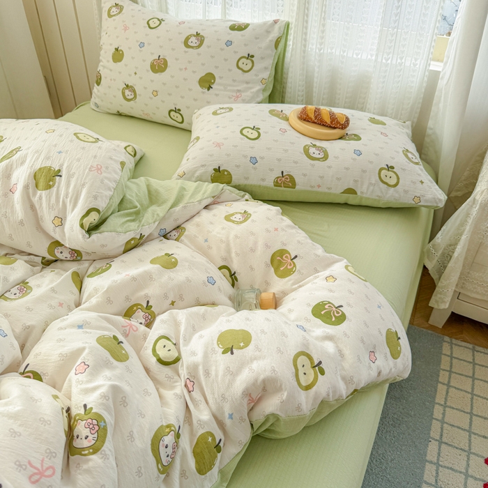 91家纺网 家纺一手货源 找家纺 温眠家纺 2026新款云感针织提花双层纱四件套 青苹果