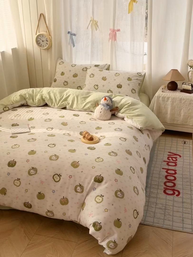 91家纺网 家纺一手货源 找家纺 温眠家纺 2026新款云感针织提花双层纱四件套 青苹果