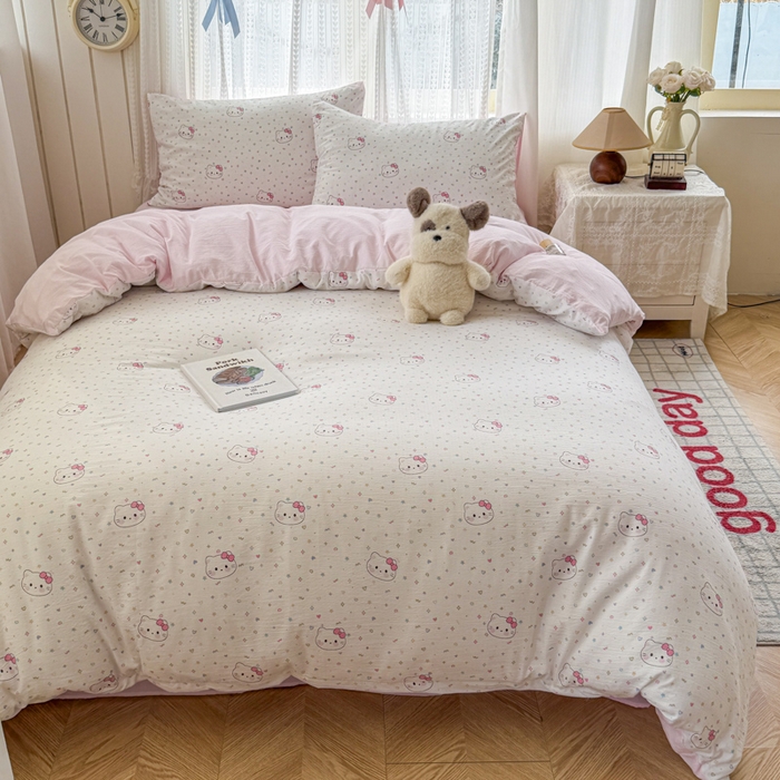 91家纺网 家纺一手货源 找家纺 温眠家纺 2026新款云感针织提花双层纱四件套 晴天小猫