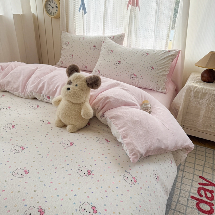 91家纺网 家纺一手货源 找家纺 温眠家纺 2026新款云感针织提花双层纱四件套 晴天小猫