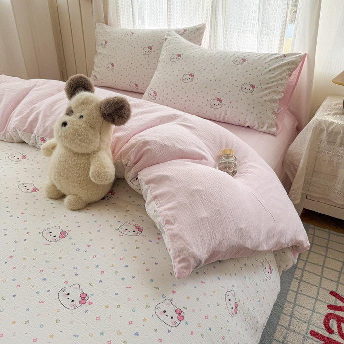 91家纺网 家纺一手货源 找家纺 温眠家纺 2026新款云感针织提花双层纱四件套 晴天小猫