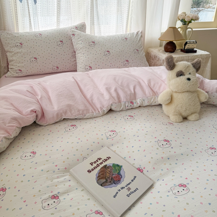 91家纺网 家纺一手货源 找家纺 温眠家纺 2026新款云感针织提花双层纱四件套 晴天小猫