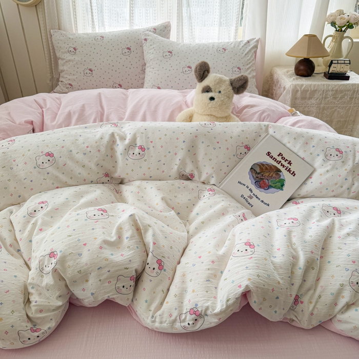 91家纺网 家纺一手货源 找家纺 温眠家纺 2026新款云感针织提花双层纱四件套 晴天小猫