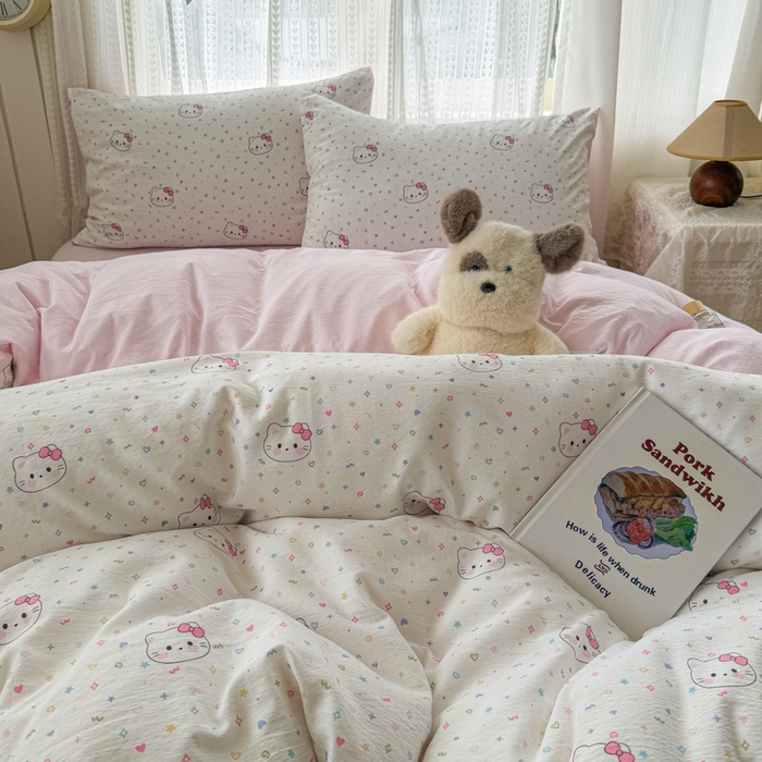 91家纺网 家纺一手货源 找家纺 温眠家纺 2026新款云感针织提花双层纱四件套 晴天小猫