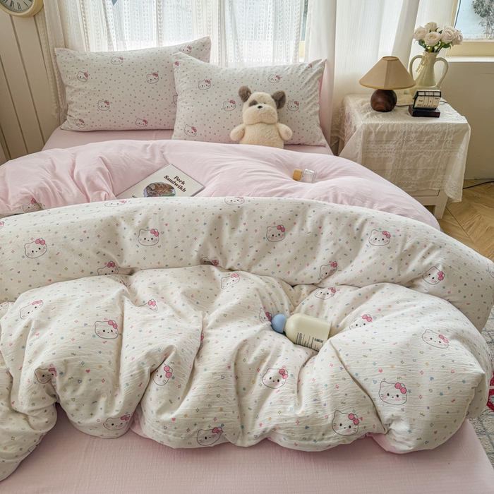 91家纺网 家纺一手货源 找家纺 温眠家纺 2026新款云感针织提花双层纱四件套 晴天小猫