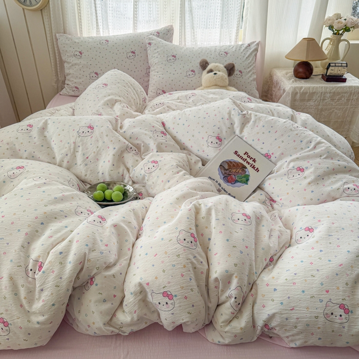 91家纺网 家纺一手货源 找家纺 温眠家纺 2026新款云感针织提花双层纱四件套 晴天小猫