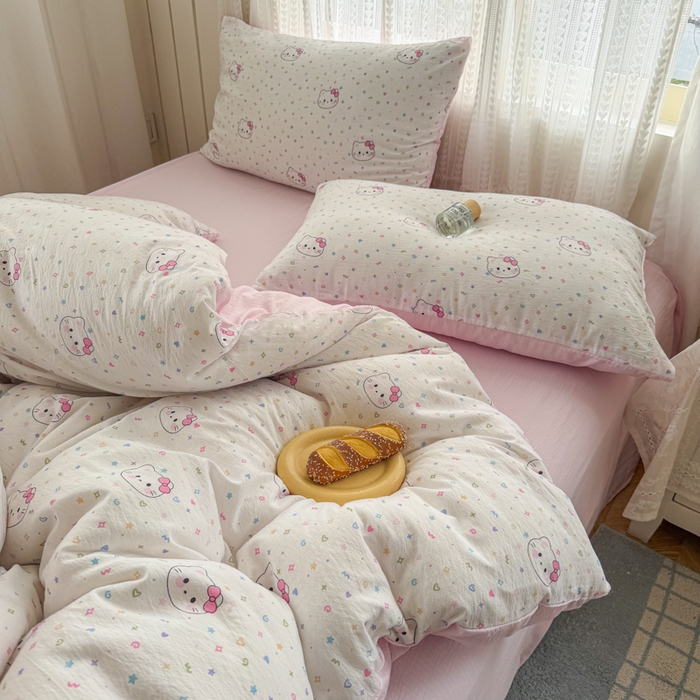 91家纺网 家纺一手货源 找家纺 温眠家纺 2026新款云感针织提花双层纱四件套 晴天小猫