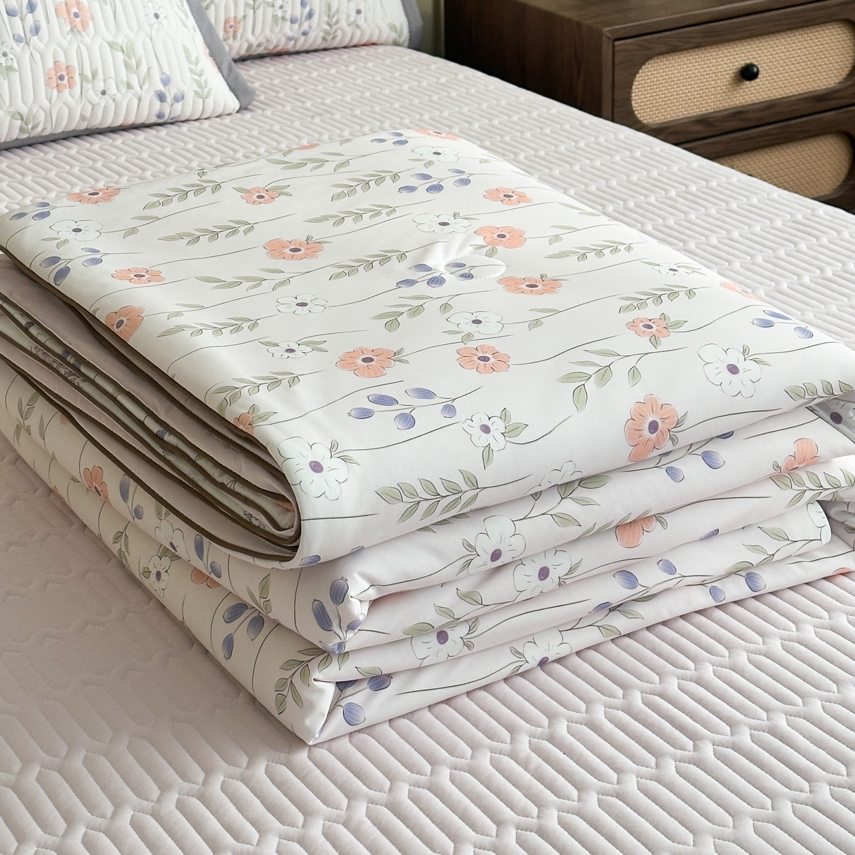 91家纺网 家纺一手货源 找家纺 幸嘉轩 2026新款凉感丝夏被床盖四件套拼色夏凉被空调被 花蔓-玉