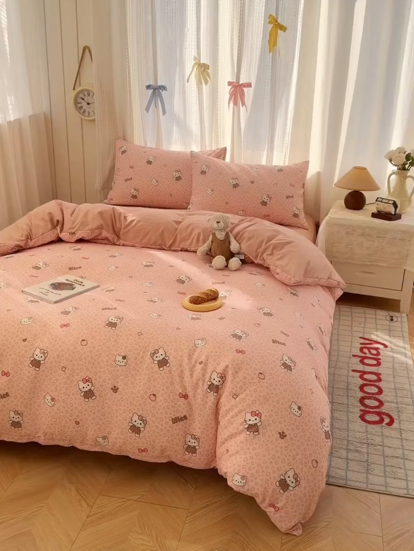 91家纺网 家纺一手货源 找家纺 温眠家纺 2026新款云感针织提花双层纱四件套 甜心萝莉