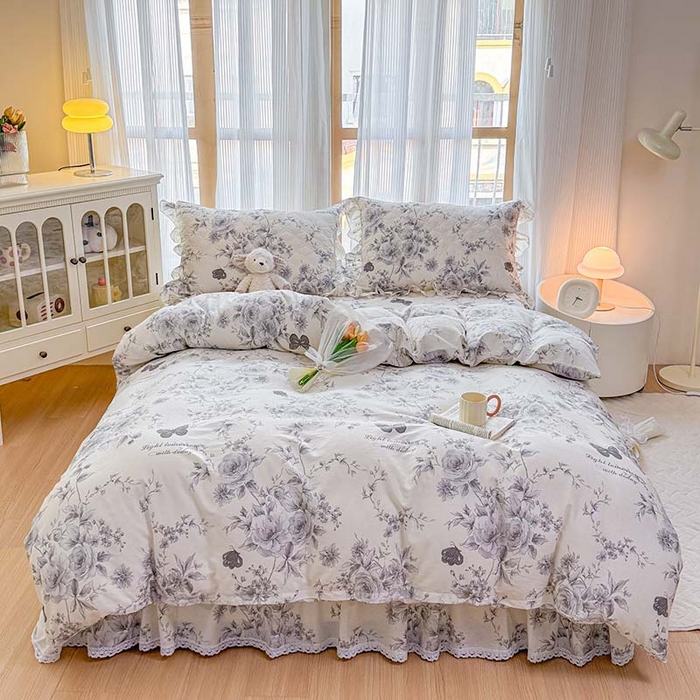 91家纺网 家纺一手货源 找家纺 （总）爱妮玖玖 2026新款全棉纯棉印花蕾丝小花边夹棉床裙四件套