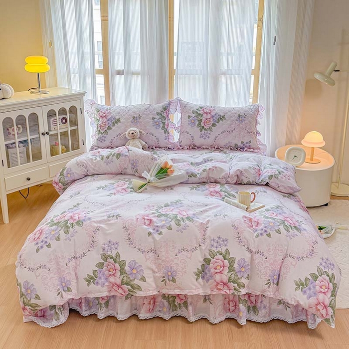 91家纺网 家纺一手货源 找家纺 （总）爱妮玖玖 2026新款全棉纯棉印花蕾丝小花边夹棉床裙四件套