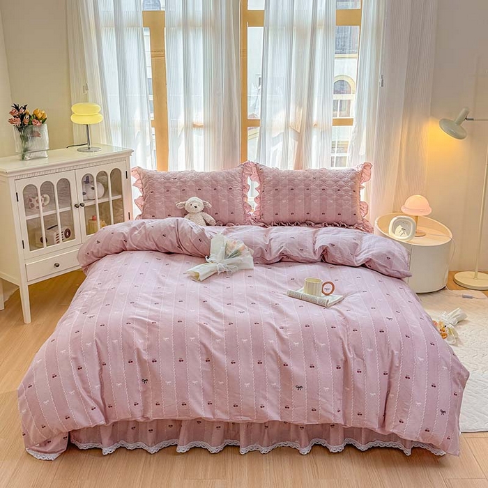 91家纺网 家纺一手货源 找家纺 （总）爱妮玖玖 2026新款全棉纯棉印花蕾丝小花边夹棉床裙四件套