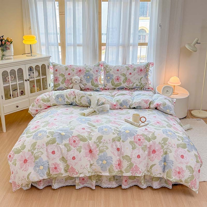 91家纺网 家纺一手货源 找家纺 （总）爱妮玖玖 2026新款全棉纯棉印花蕾丝小花边夹棉床裙四件套