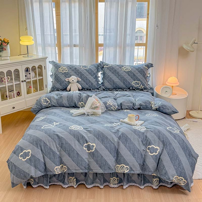 91家纺网 家纺一手货源 找家纺 （总）爱妮玖玖 2026新款全棉纯棉印花蕾丝小花边夹棉床裙四件套