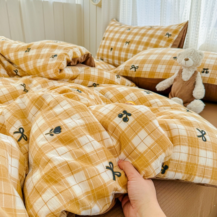 91家纺网 家纺一手货源 找家纺 温眠家纺 2026新款云感针织提花双层纱四件套 樱桃酱