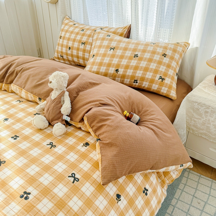 91家纺网 家纺一手货源 找家纺 温眠家纺 2026新款云感针织提花双层纱四件套 樱桃酱